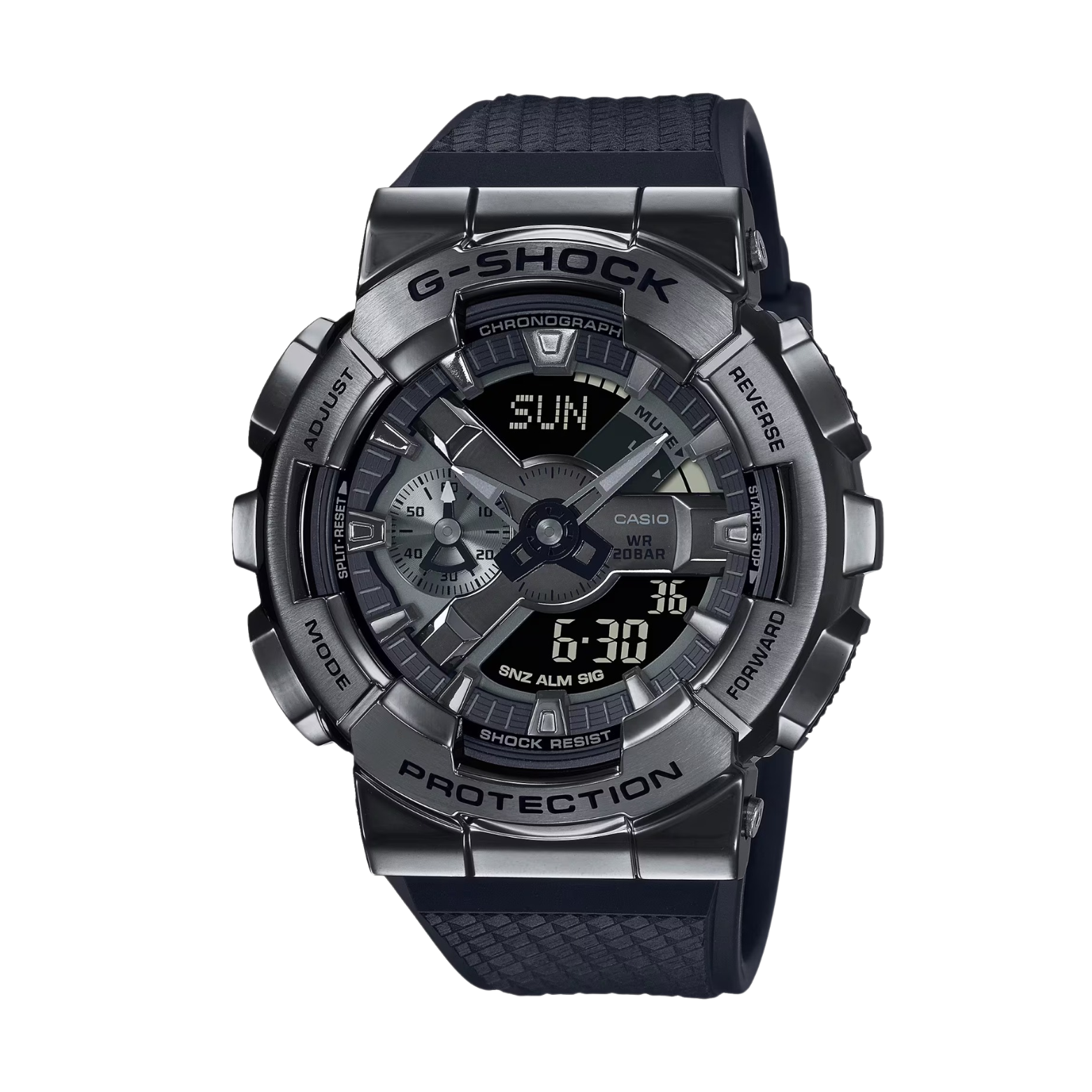 A black CASIO G-SHOCK analog-digital watch with a resin band and a digital display showing time and various watch features.
