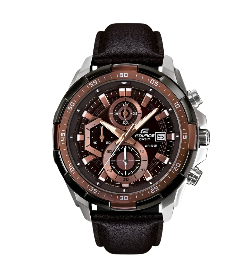 Casio Edifice EFR-539L-5AVUDF Men’s Chronograph Watch – Brown Dial, Brown Leather Strap, Quartz Analog with Date, Stainless Steel Case – Premium Sport & Business Style - THE HAPPY BUY