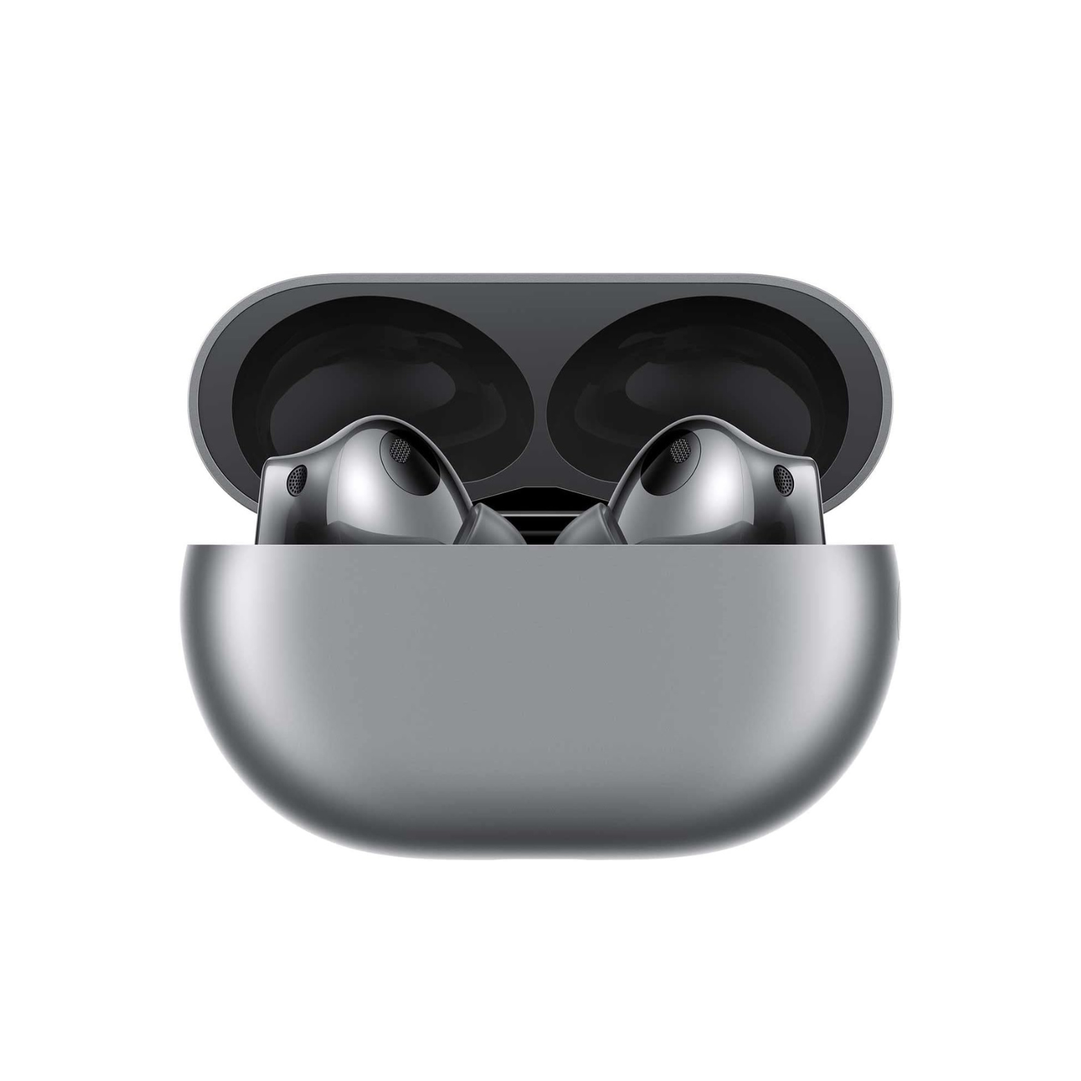 Wireless earbuds in a gray case on a white background