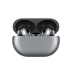 Wireless earbuds in a gray case on a white background