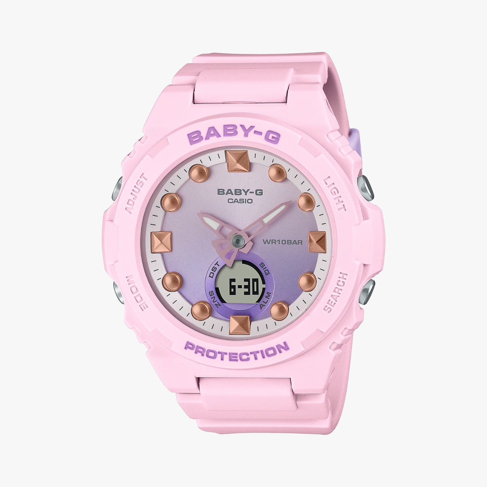 A pink CASIO G-SHOCK BGA-320-4A analog-digital watch with a resin band and case, featuring a white dial, pink casing, and digital display.