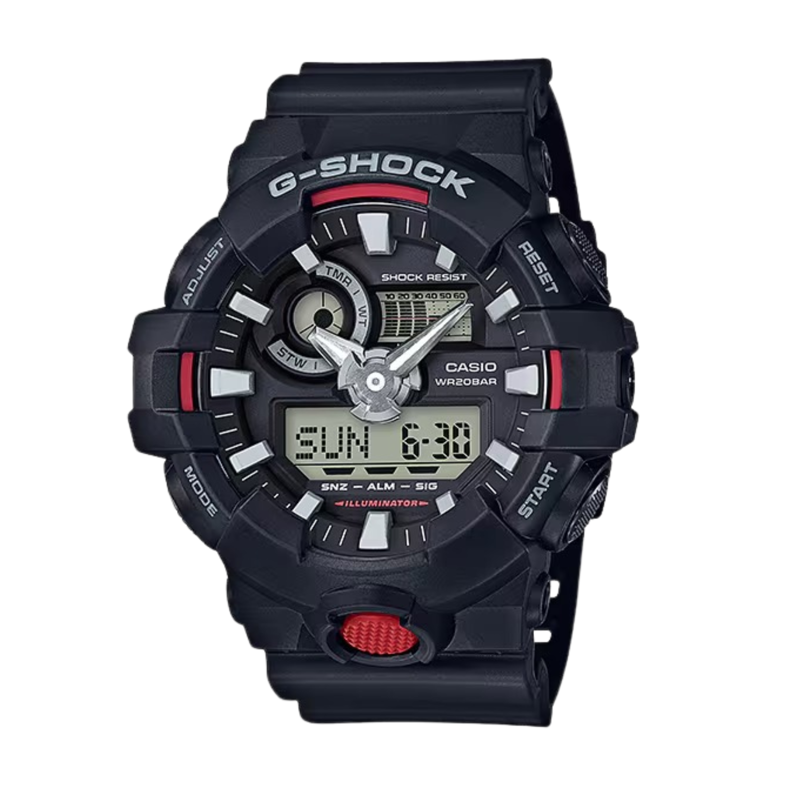 A black CASIO G-SHOCK analog-digital watch with a digital display showing the time, date, and various watch features.
