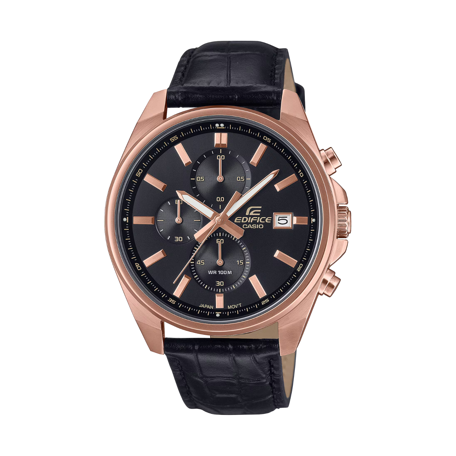 Edifice watch with black leather strap and rose gold casing on a white background