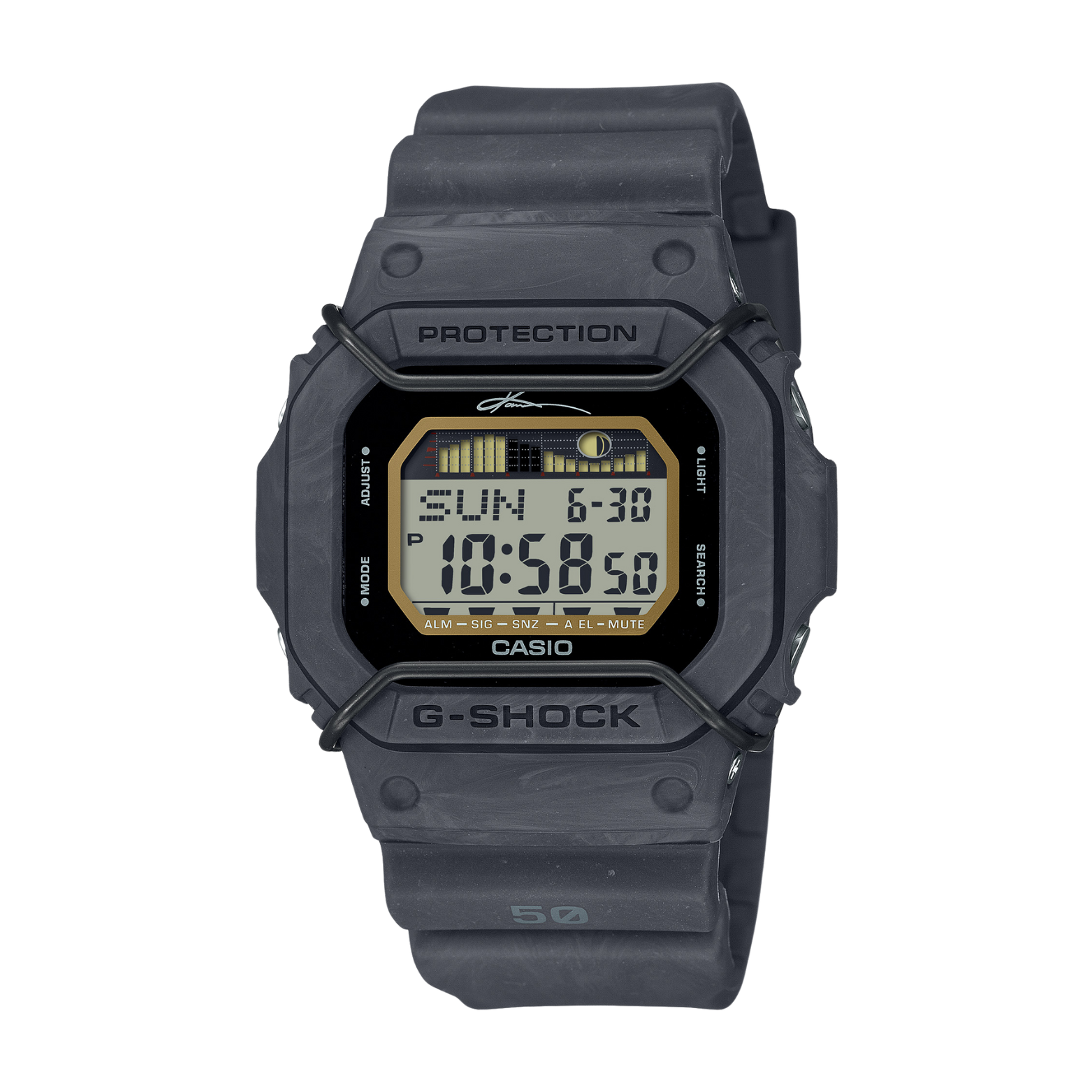 A black CASIO G-SHOCK digital watch with a resin band and a digital display showing time, date, and various watch features.