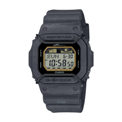 A black CASIO G-SHOCK digital watch with a resin band and a digital display showing time, date, and various watch features.