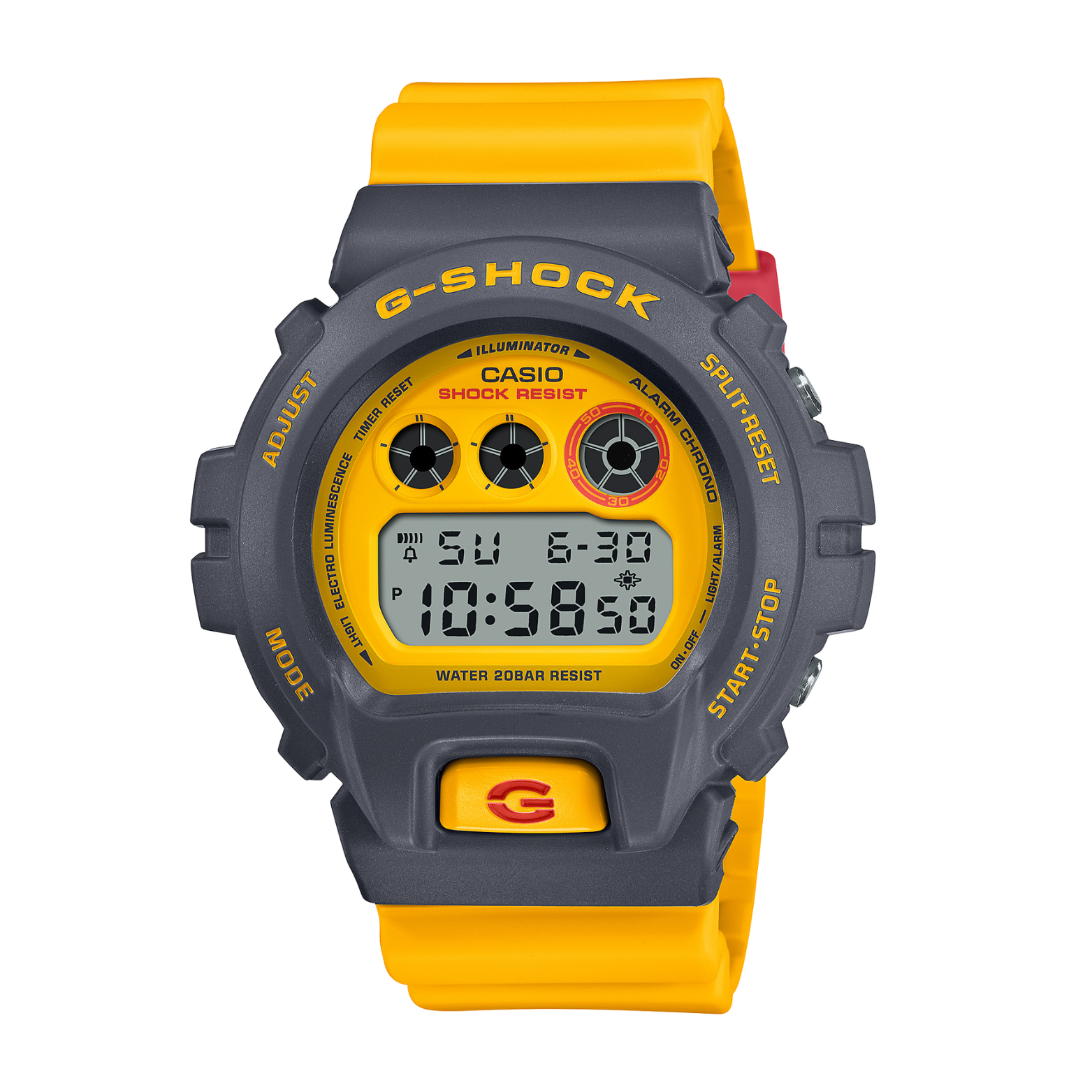 A Casio G-Shock DW-6900Y-9DR watch with a yellow band and grey case, displaying a digital watch face.