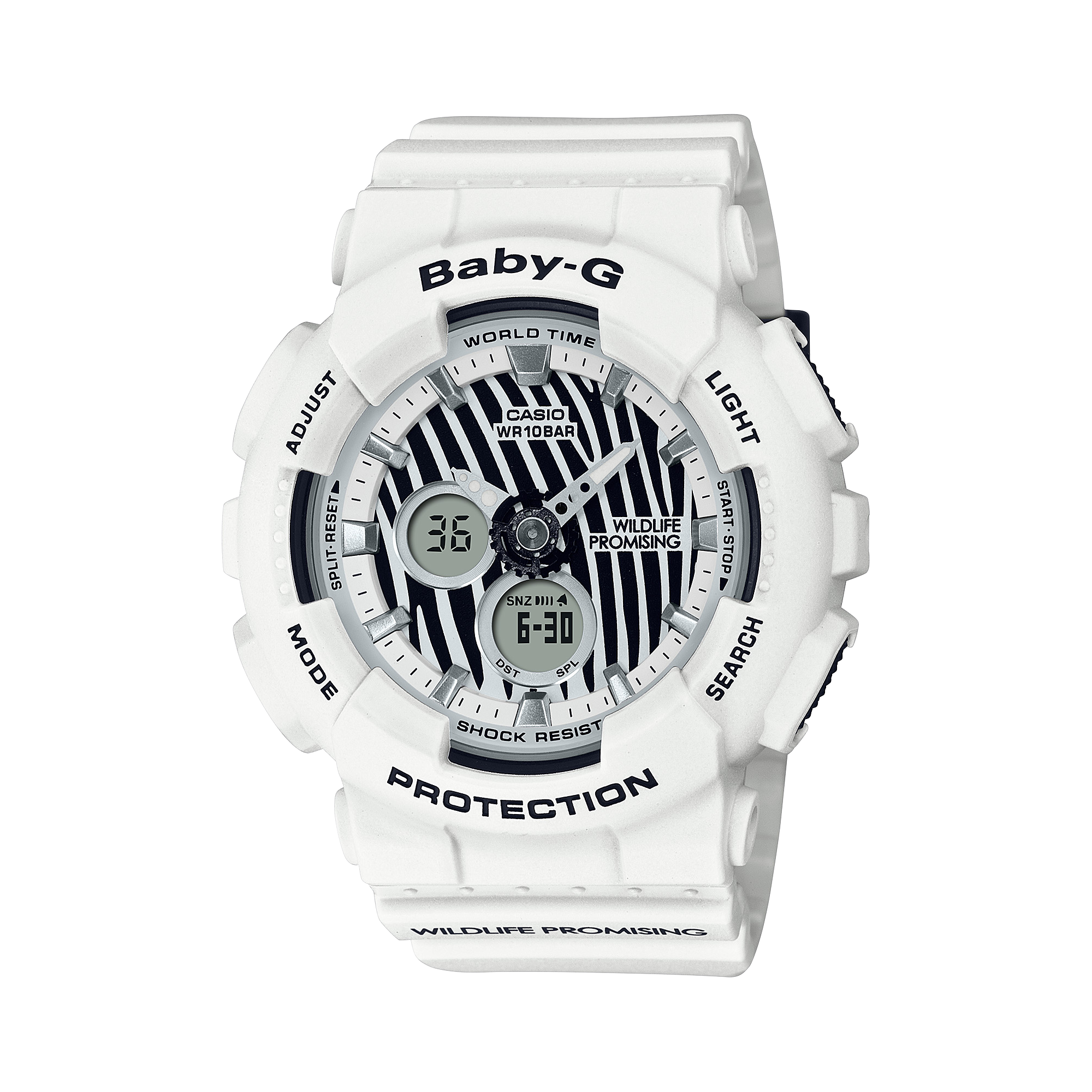 A white Casio Baby-G watch with a striped pattern on the dial and digital display, featuring a resin band and world time functionality.