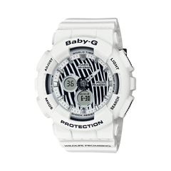 A white Casio Baby-G watch with a striped pattern on the dial and digital display, featuring a resin band and world time functionality.