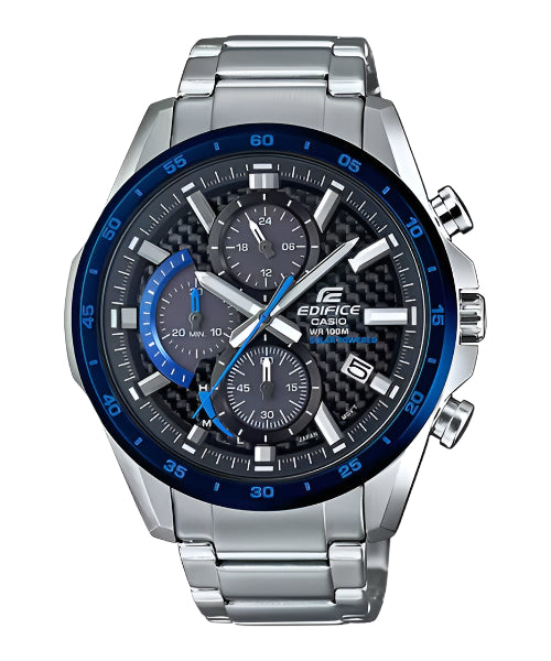 A Casio Edifice EQS-900DB-2AVUDF watch with a stainless steel band and a black and blue dial.