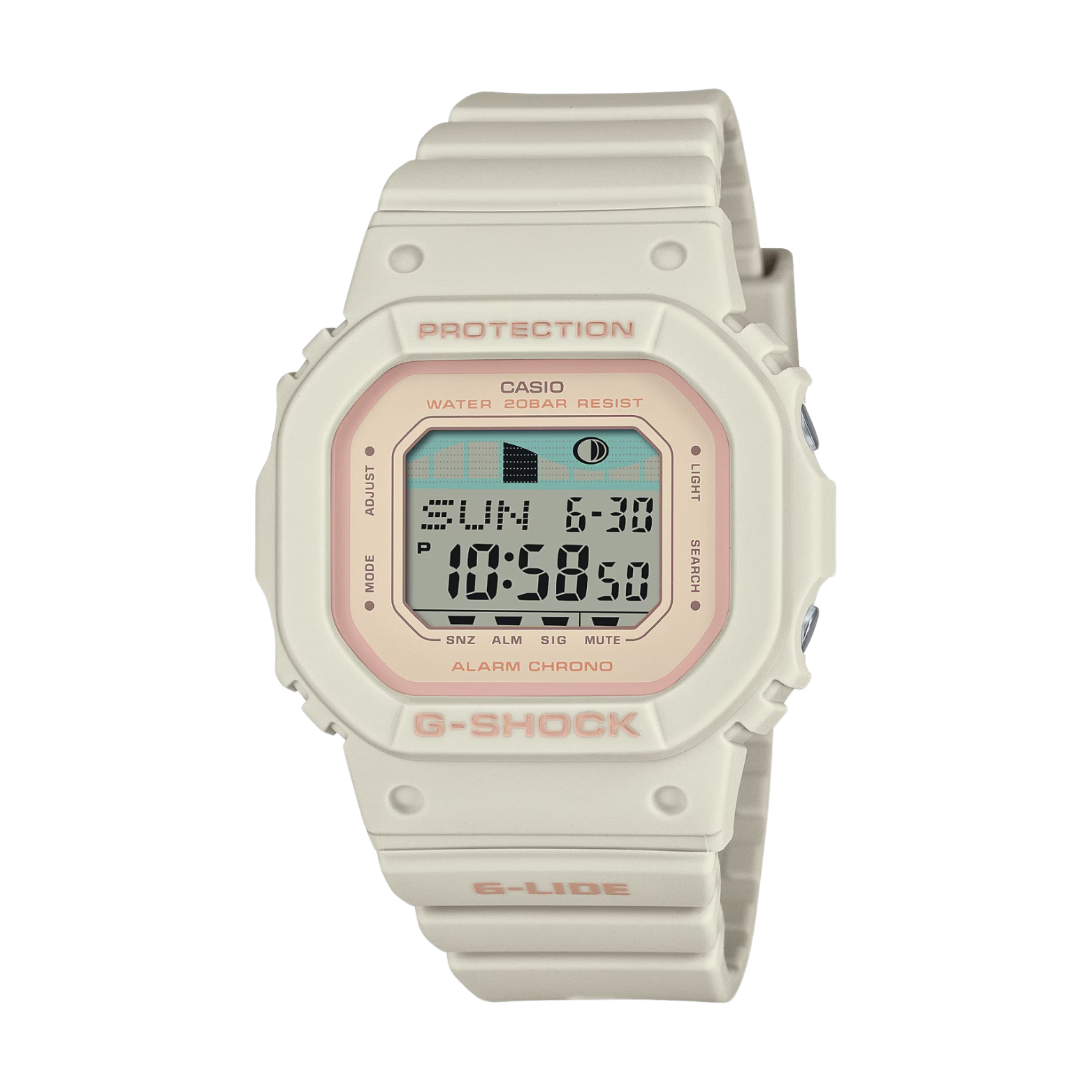 A CASIO G-SHOCK watch with a beige case and band, digital display showing time and various watch features, and a pink accent on the display.