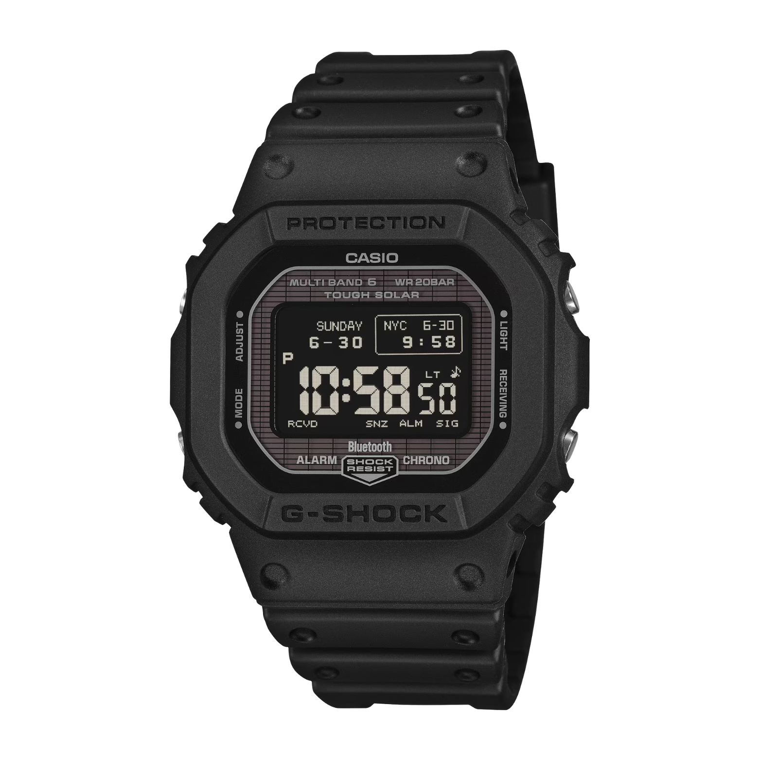 Black Casio G-Shock digital watch on a white background