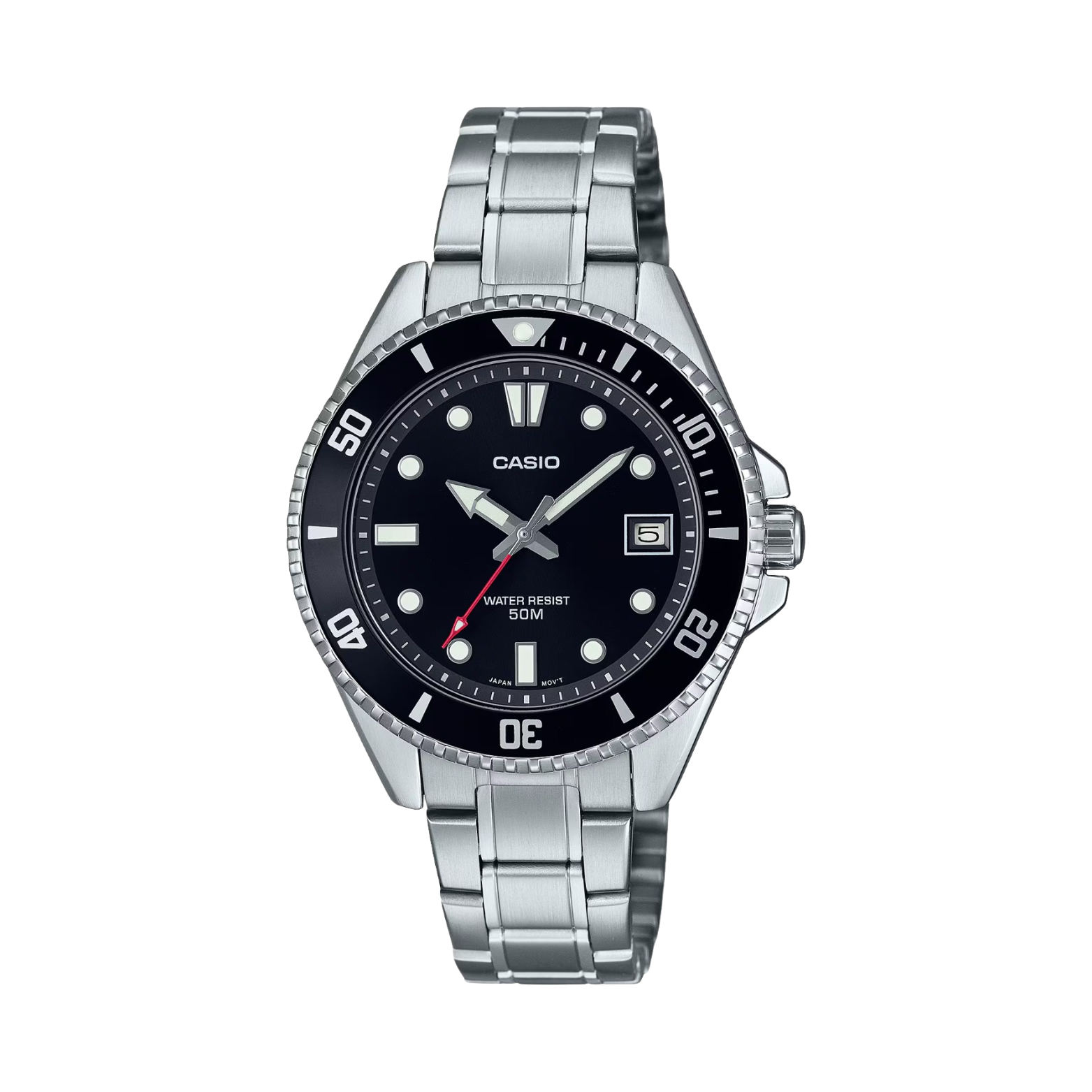 A Casio analog watch with a black dial and silver stainless steel band and bezel.