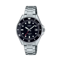 A Casio analog watch with a black dial and silver stainless steel band and bezel.