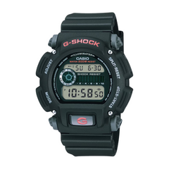 A black CASIO G-SHOCK DW-9052-1V digital watch with a resin band and a digital display showing time, date, and various watch features.