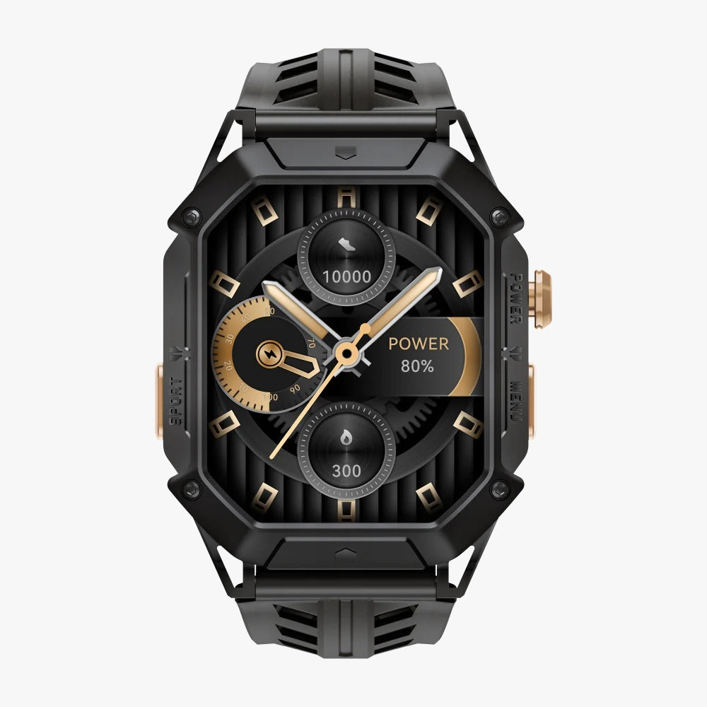Black and gold watch with detailed face on a white background