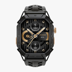 Black and gold watch with detailed face on a white background