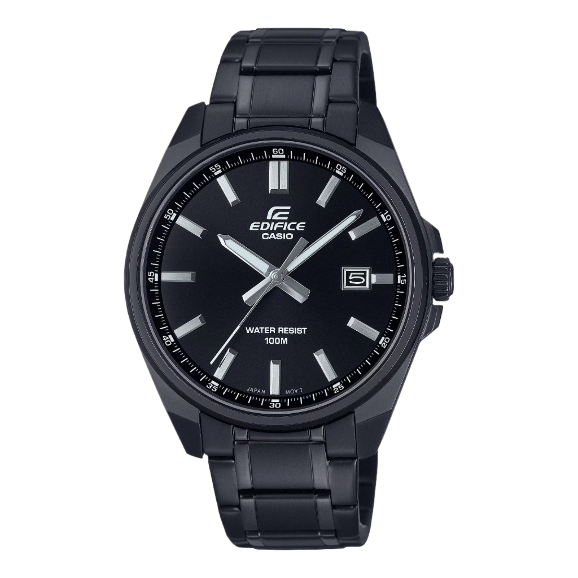 A black CASIO EDIFICE analog watch with a stainless steel band and a black ion plated case.