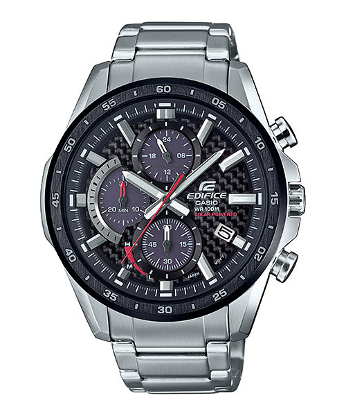 A Casio Edifice EQS-900DB-1AVUDF watch with a stainless steel band and a black dial featuring a stopwatch display, date display, and a tachymeter function.