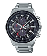 A Casio Edifice EQS-900DB-1AVUDF watch with a stainless steel band and a black dial featuring a stopwatch display, date display, and a tachymeter function.