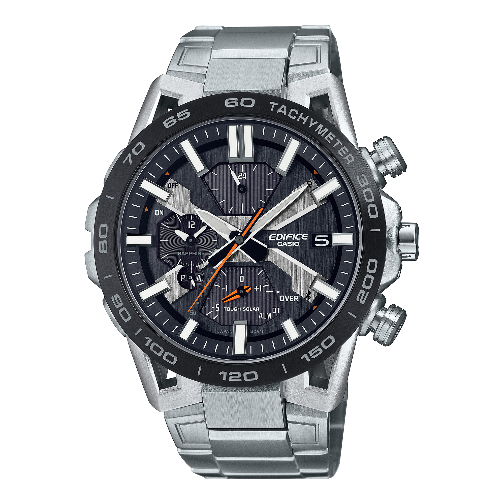 A Casio Edifice EQB-2000DB-1A watch with a stainless steel band and case, featuring a black dial, tachymeter, and smartphone link functionality.