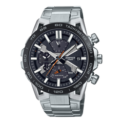 A Casio Edifice EQB-2000DB-1A watch with a stainless steel band and case, featuring a black dial, tachymeter, and smartphone link functionality.