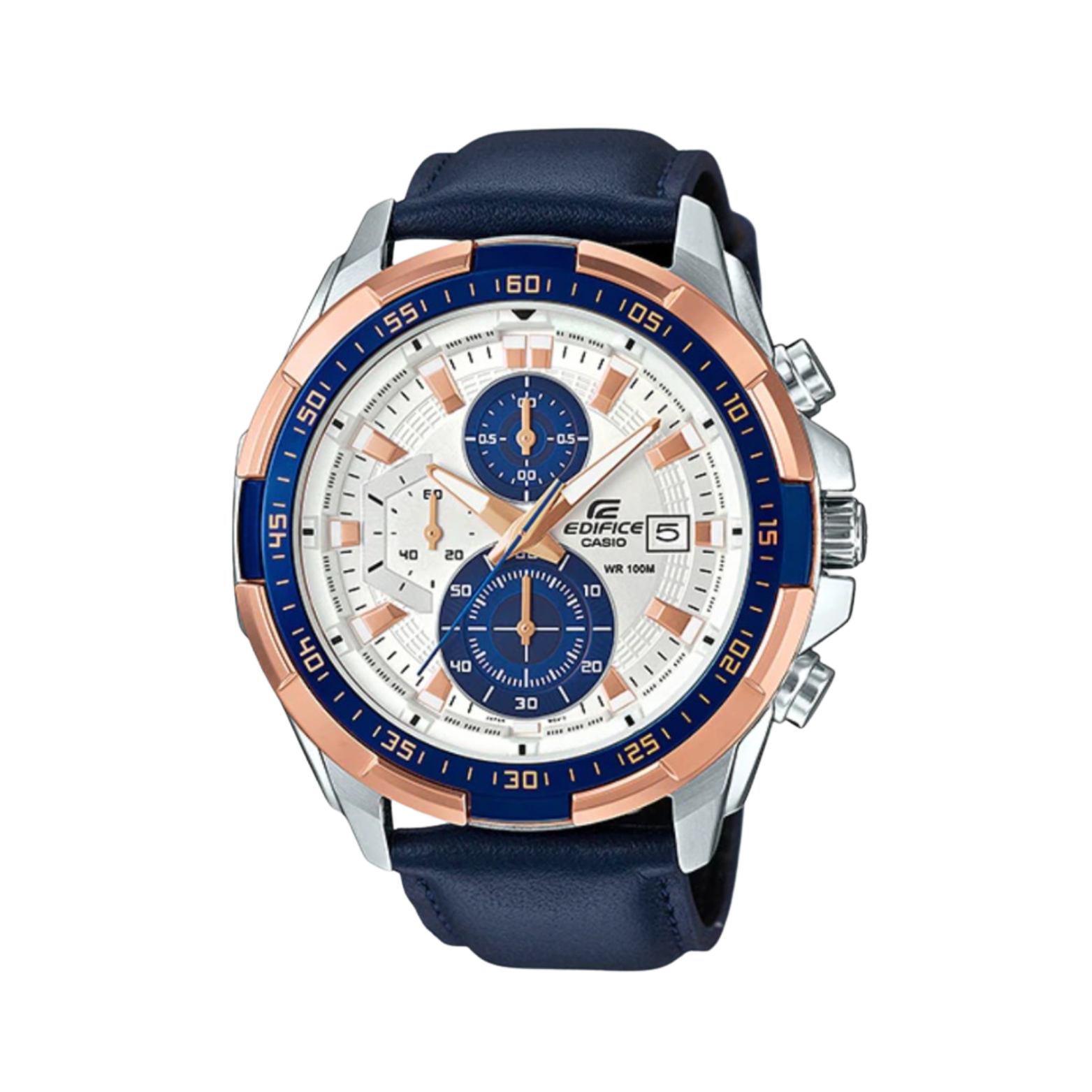 A Casio Edifice analog watch with a blue leather band, silver case, and rose gold accents. It features a tachymeter, date display, and multiple dials.