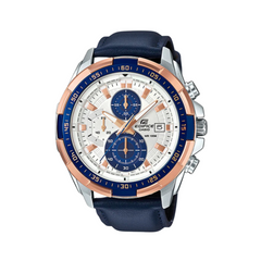 A Casio Edifice analog watch with a blue leather band, silver case, and rose gold accents. It features a tachymeter, date display, and multiple dials.