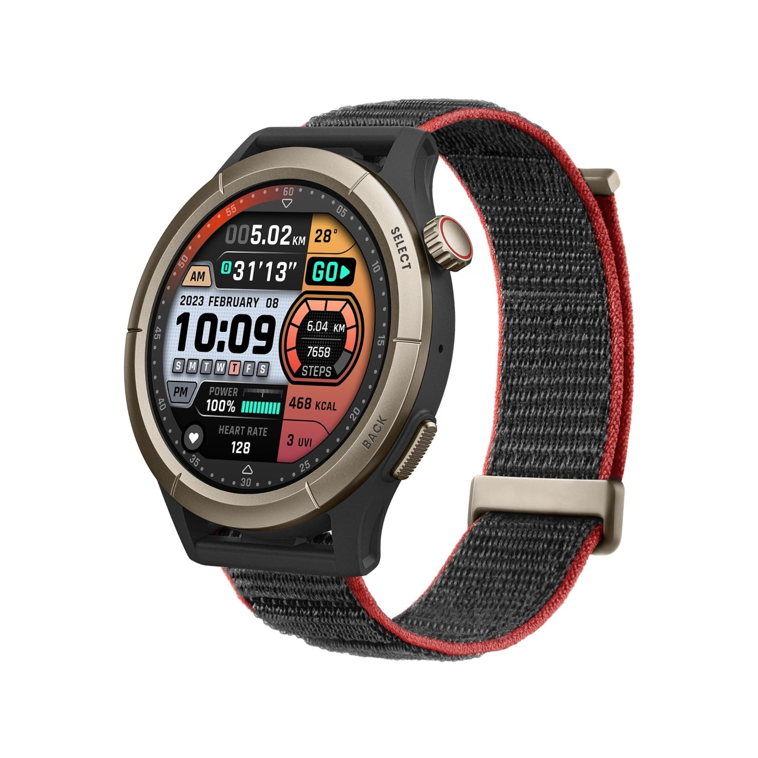 Smartwatch with a black and red strap on a white background