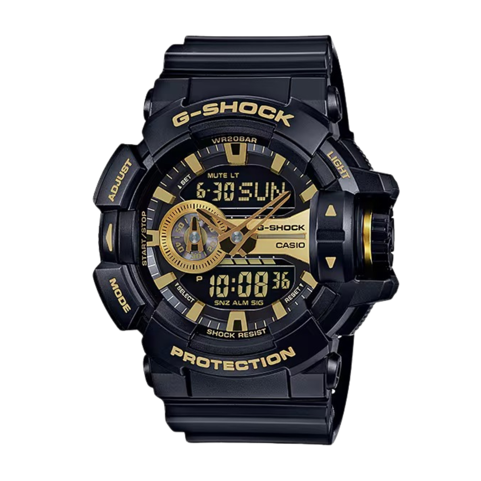 A black CASIO G-SHOCK analog-digital watch with a resin band, featuring a digital display and multiple watch features.