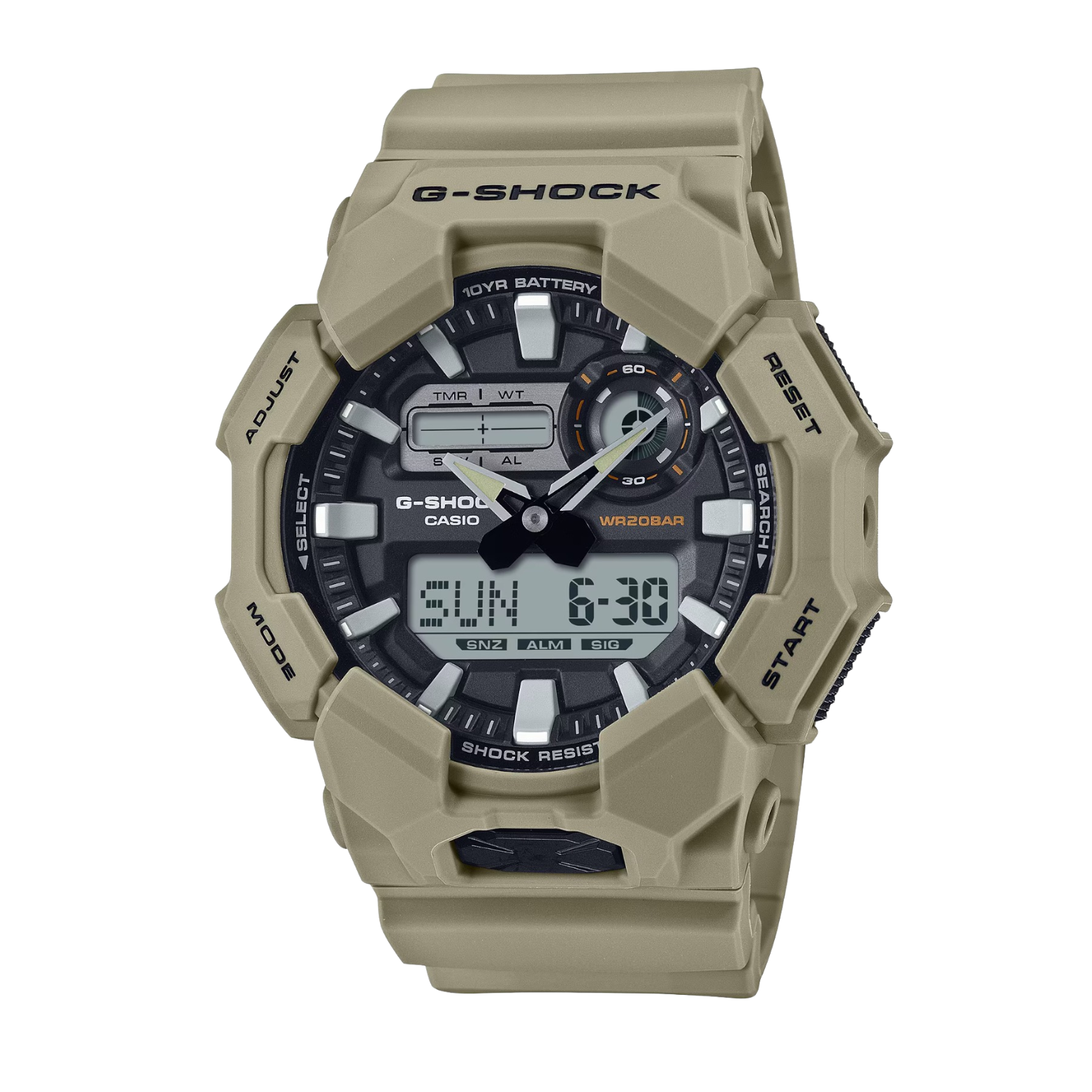 A CASIO G-SHOCK watch with a green band and digital display, showing time and various watch features.