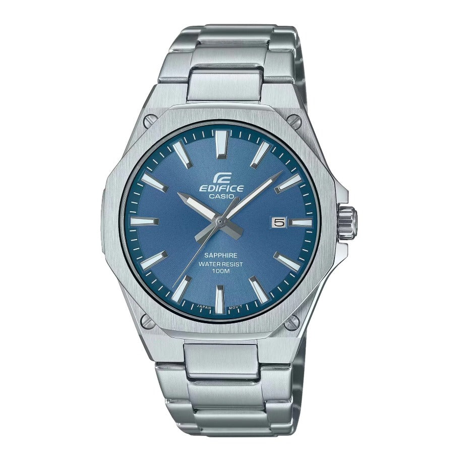 A Casio Edifice analog watch with a blue dial and silver stainless steel band and case.