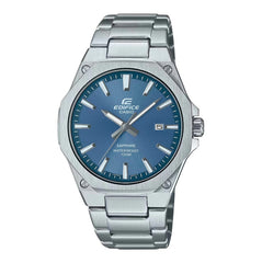 A Casio Edifice analog watch with a blue dial and silver stainless steel band and case.
