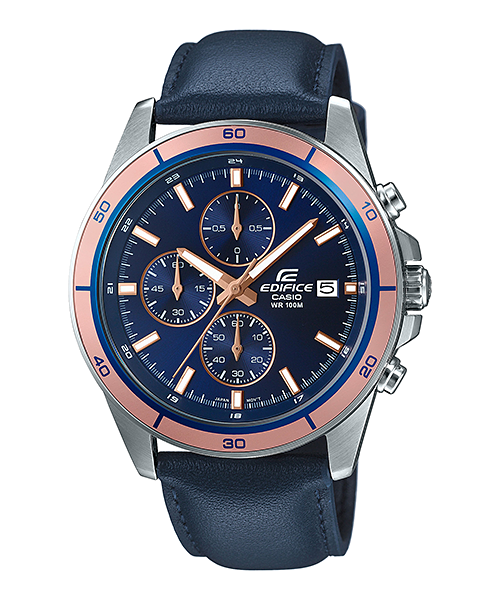 A Casio Edifice EFR-526L-2AVUDF watch with a blue band, silver case, and rose gold accents on the dial.