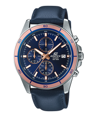 A Casio Edifice EFR-526L-2AVUDF watch with a blue band, silver case, and rose gold accents on the dial.