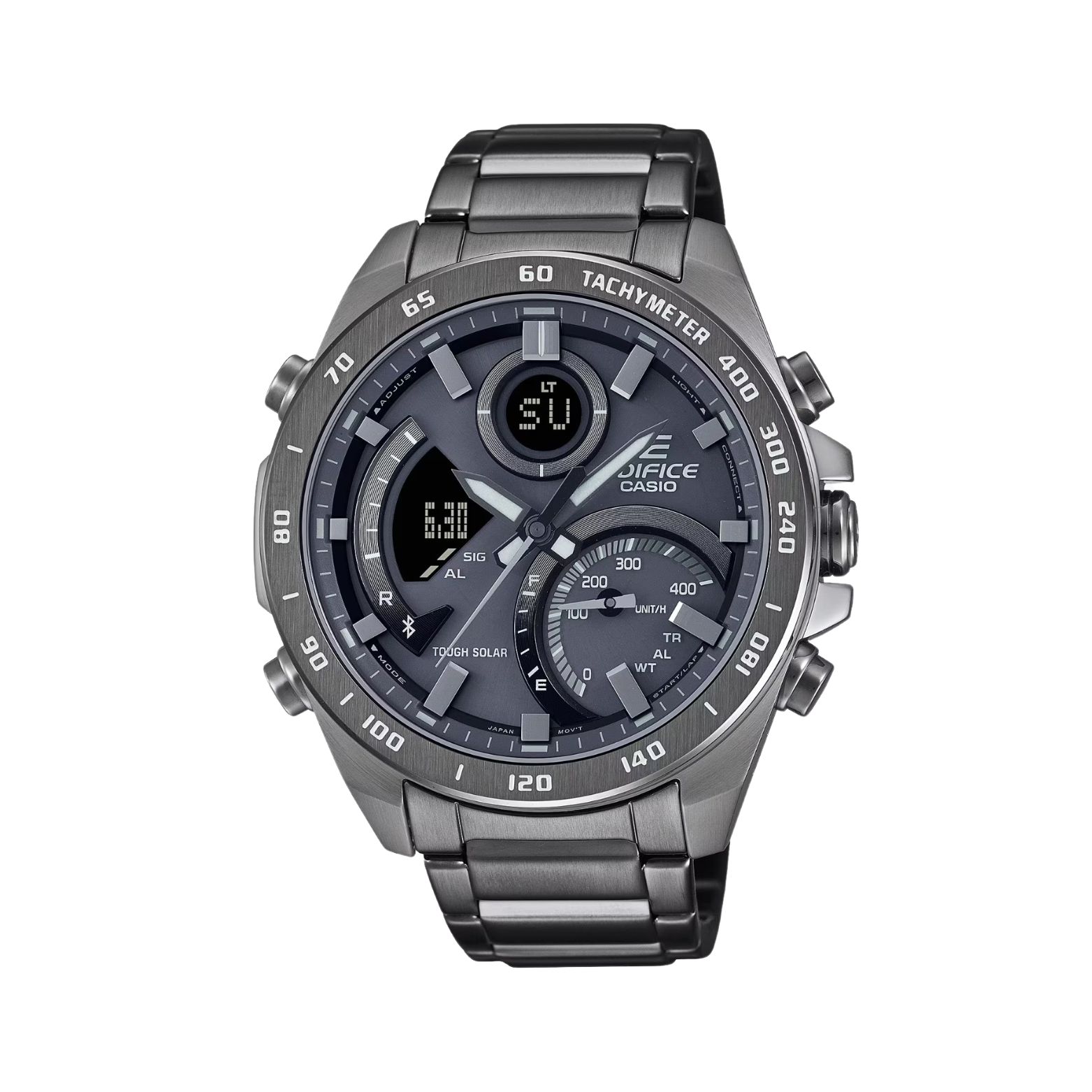 A gray CASIO EDIFICE watch with a stainless steel band and ion plated case, featuring a digital display and analog hands.