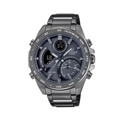 A gray CASIO EDIFICE watch with a stainless steel band and ion plated case, featuring a digital display and analog hands.