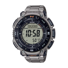 Casio Pro Trek digital watch with metallic band on a white background