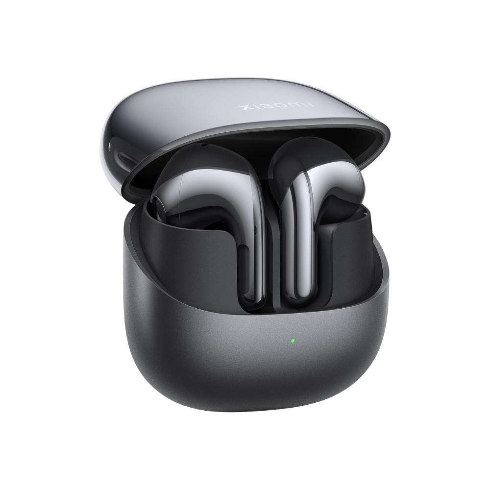 Wireless earbuds in a black charging case on a white background