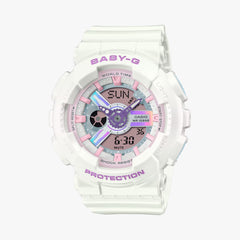 A Casio G-Shock BA-110FH-2ADR watch with a white band and case, featuring a digital display and multicolor accents.