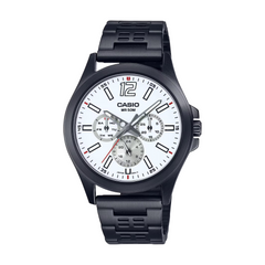 Casio watch with black strap and white face on a white background