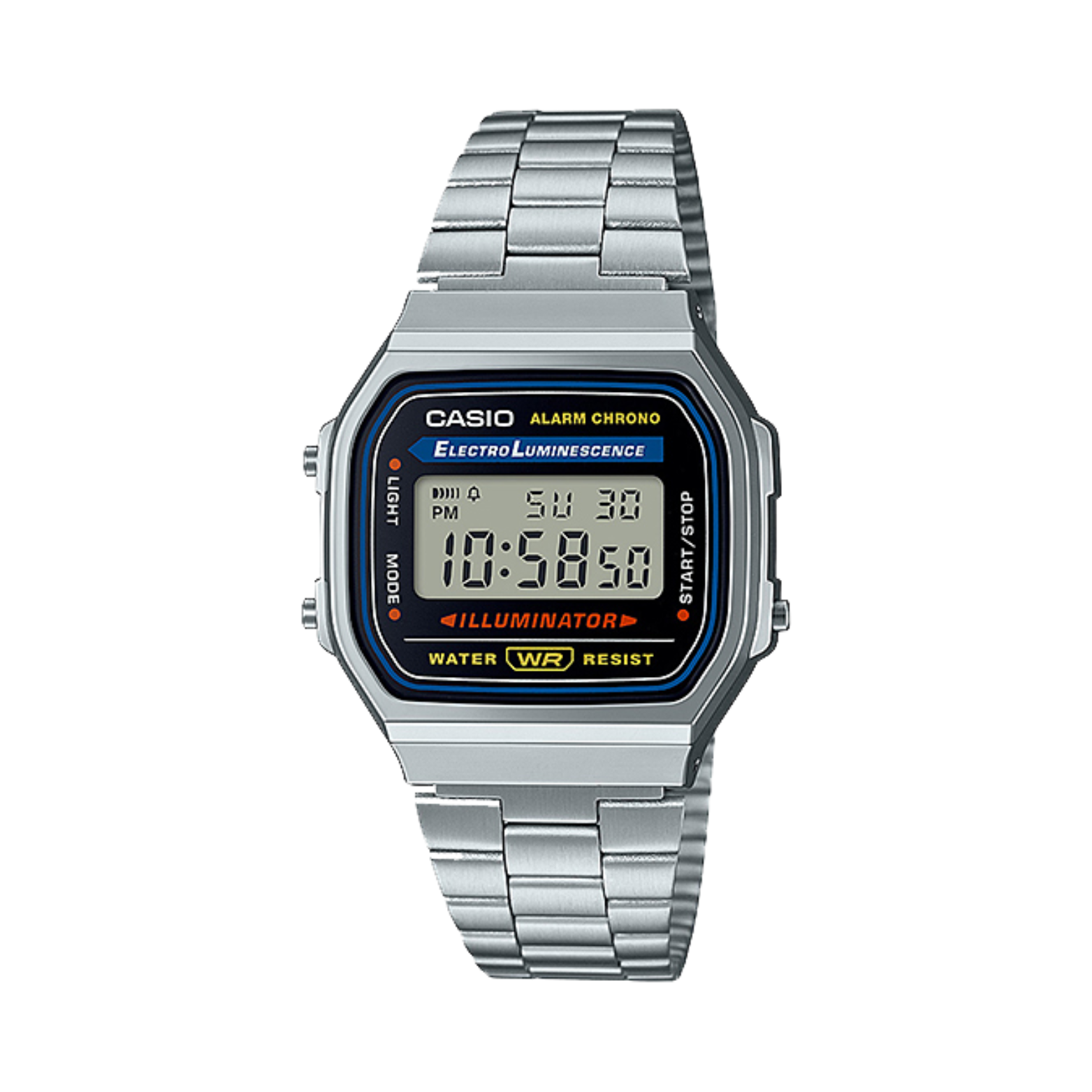 Casio digital watch with metallic band on a white background