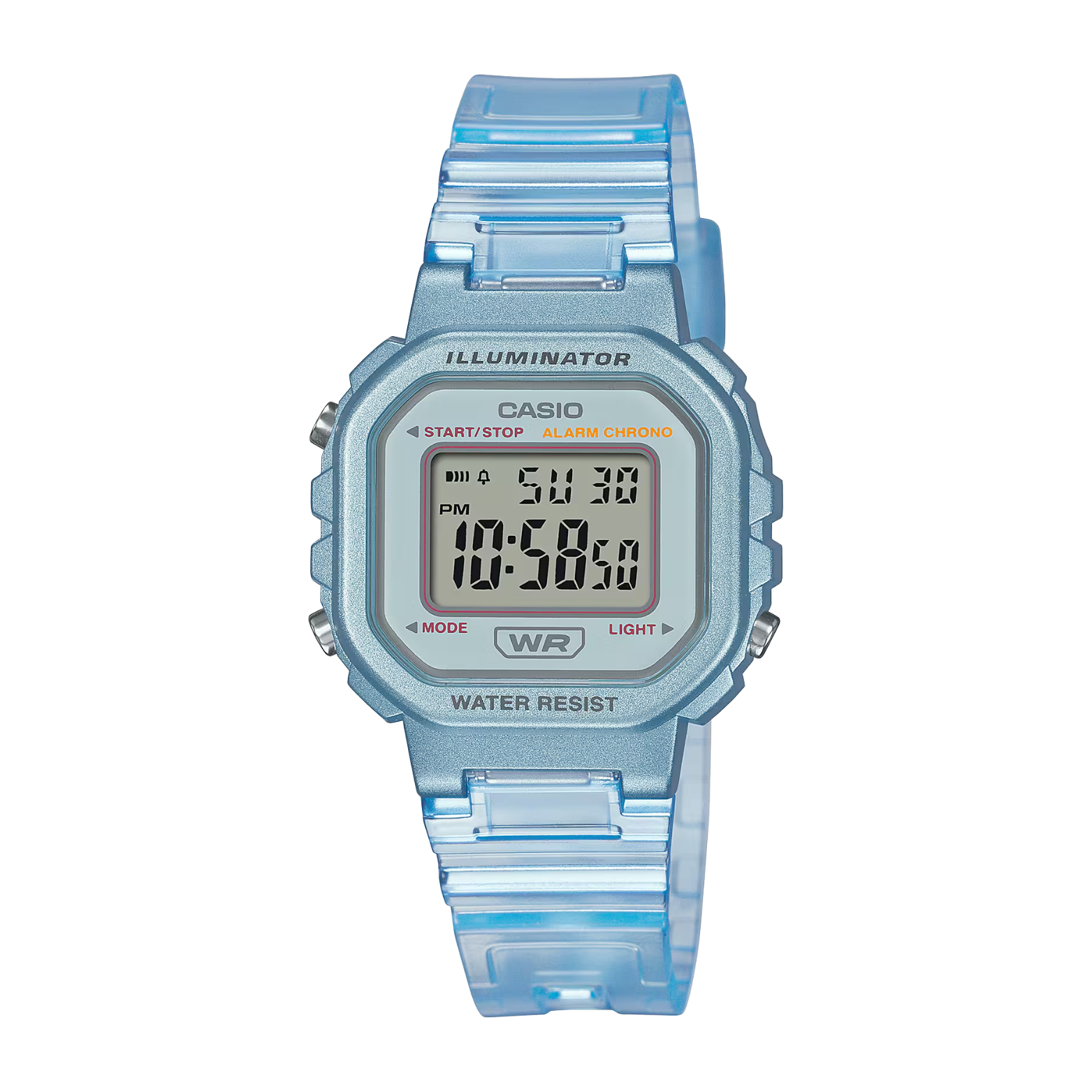 Blue digital watch with clear strap on a white background