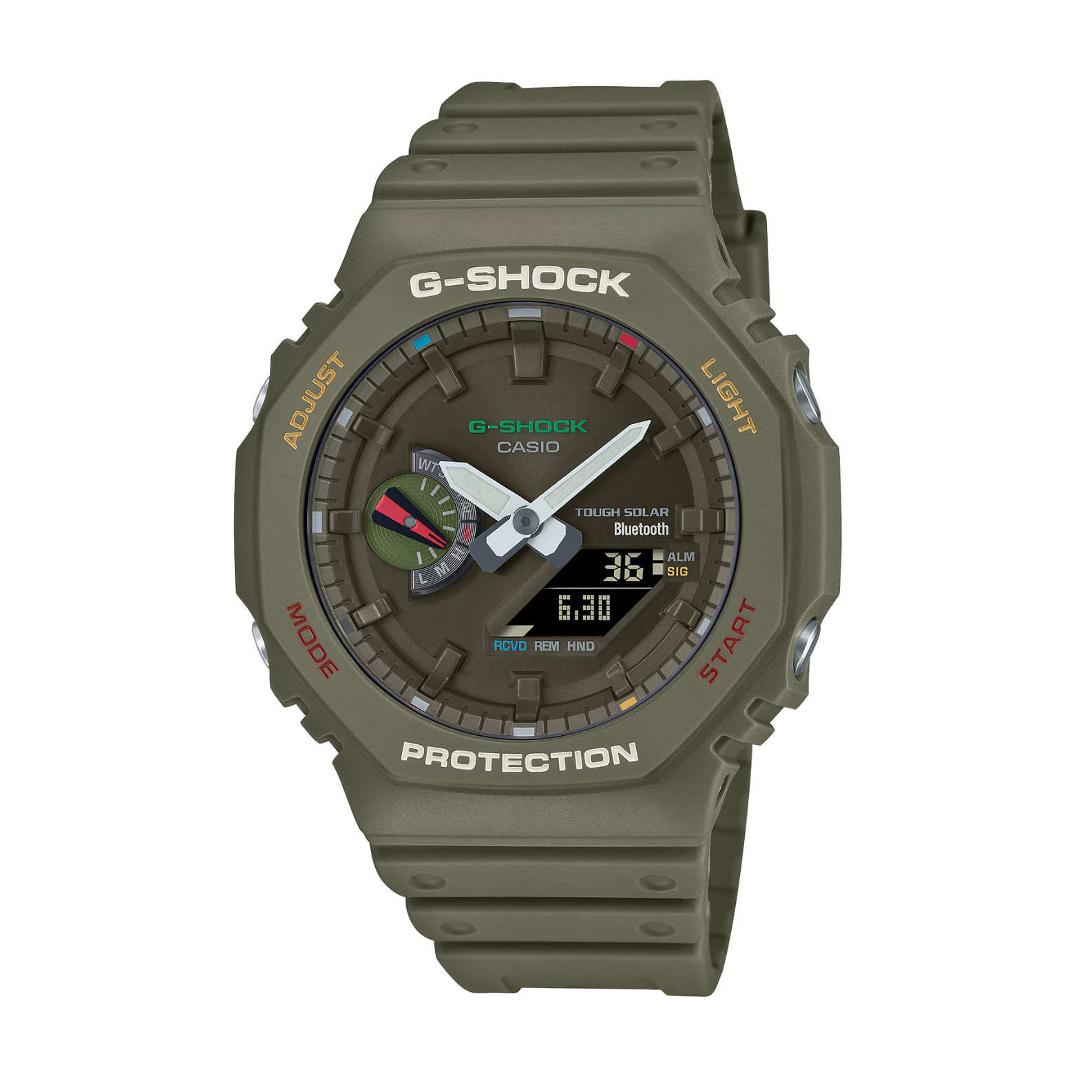Green G-Shock watch on a white background