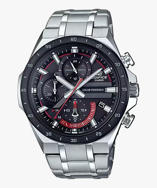 A Casio Edifice EQS-920DB-1AVUDF watch with a black dial, stainless steel band, and multicolor detailing.