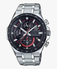 A Casio Edifice EQS-920DB-1AVUDF watch with a black dial, stainless steel band, and multicolor detailing.