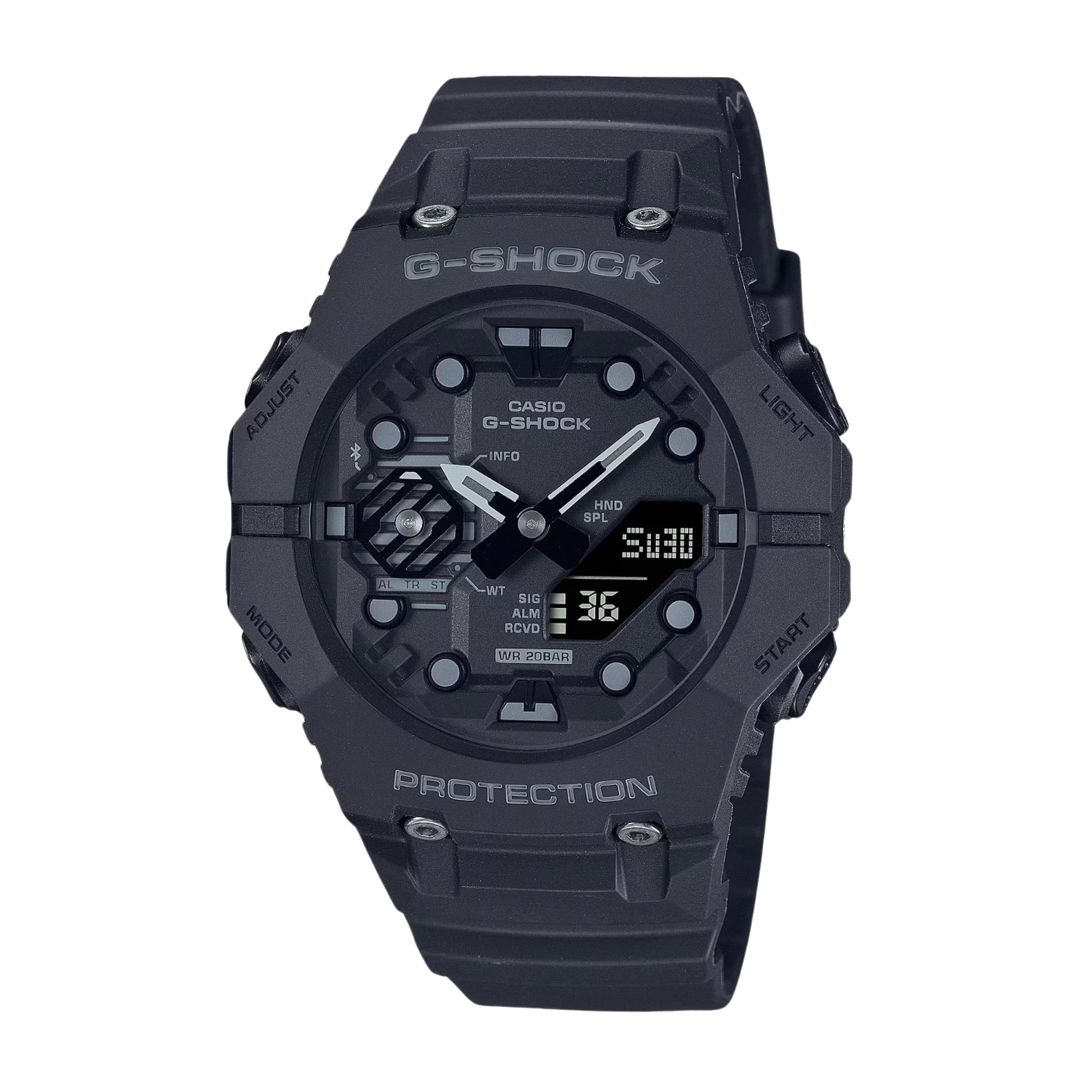 A black CASIO G-SHOCK watch with a digital display and analog hands, featuring a carbon case and resin band.