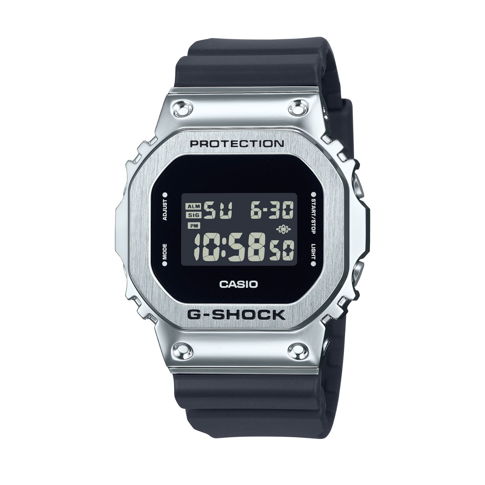 A digital CASIO G-SHOCK watch with a black band and silver-colored case, displaying time and various watch features on its digital screen.