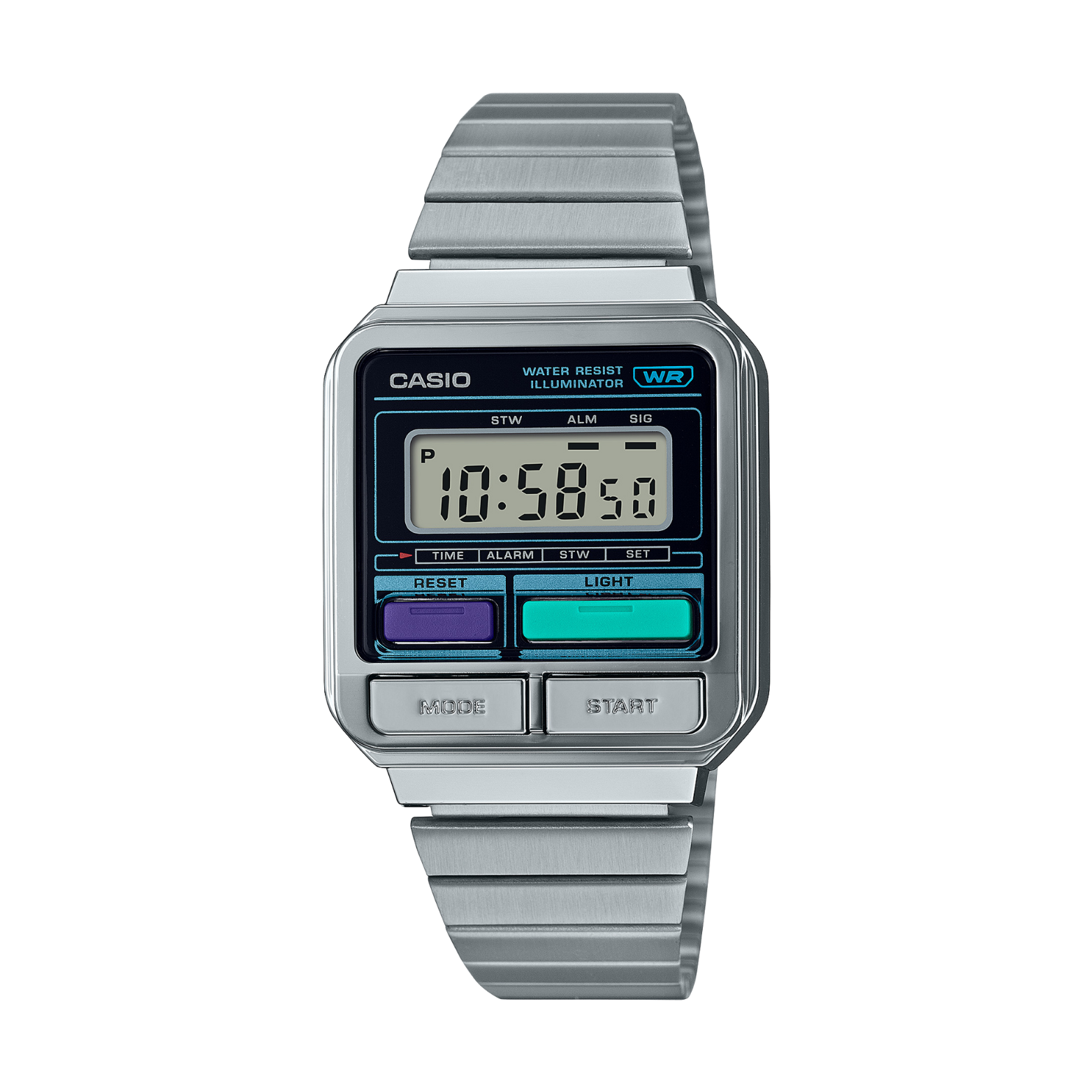 Silver Casio digital watch on a white background