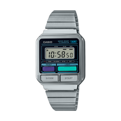 Silver Casio digital watch on a white background