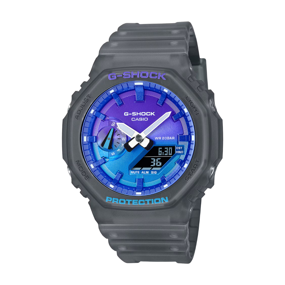 G-Shock watch with blue and purple face on a white background